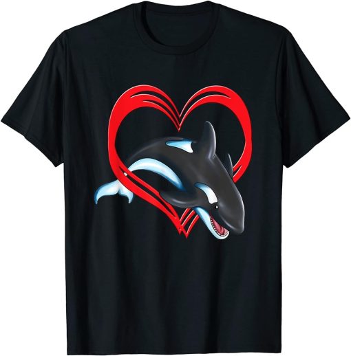 Orca whale jumps through heart hearts orca lover whale orca T-Shirt