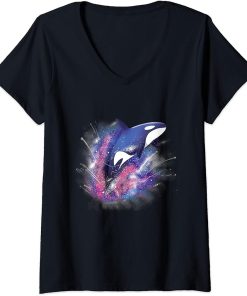 Womens Orca Killer Whale In Outer Space Universe Galaxy Vintage V-Neck T-Shirt