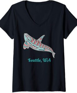 Womens Seattle WA Upward Orca Killer Whale Native American V-Neck T-Shirt
