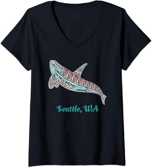 Womens Seattle WA Upward Orca Killer Whale Native American V-Neck T-Shirt