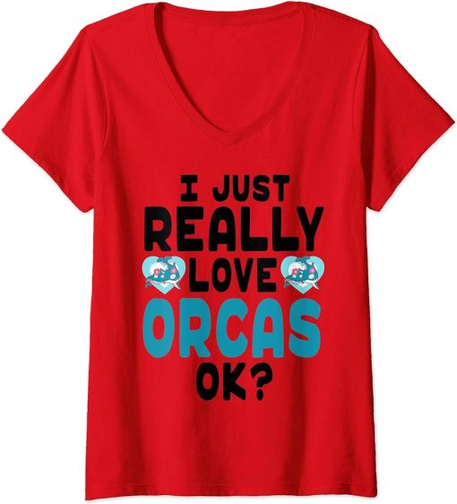 Womens Cute Kawaii Orcas - I Love Orcas OK V-Neck T-Shirt