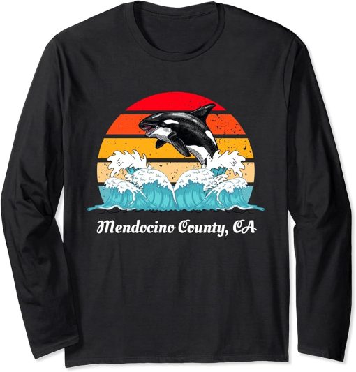 Vintage Mendocino County CA Distressed Orca Killer Whale Art Long Sleeve T-Shirt